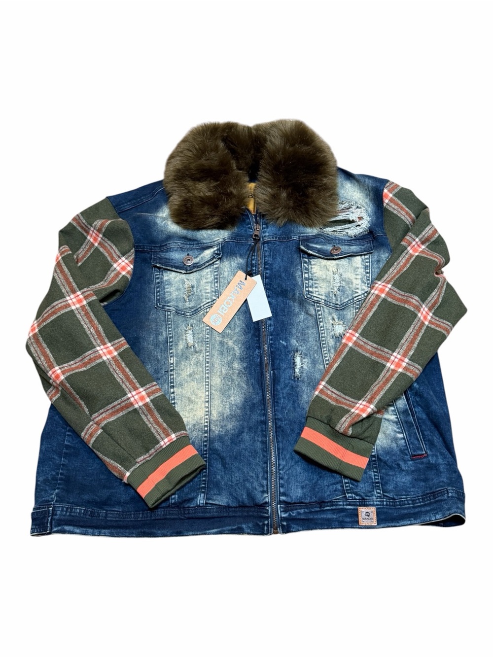 Denim Jean Jacket with Olive Plaid Sleeves and Faux Fur Collar